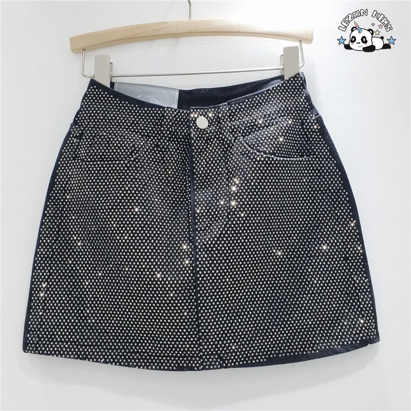 LEZONKIDS - Custom Design Fashion Denim Skirt Hot Drill  Kid's Short Skirt Fashion Solid Color Wrap Hip Mini Skirt